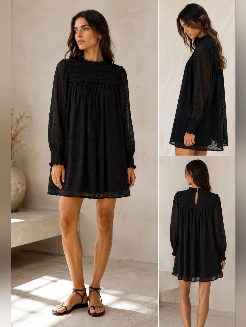 Zara Basic Black Swiss Dot Smocked Mini Dress | Size M